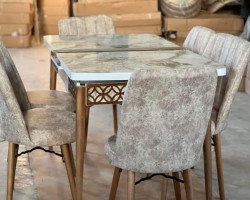 طاولة سفرة مع اطار CNC مع 6 كراسي منجد