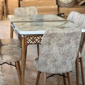 طاولة سفرة مع اطار CNC مع 6 كراسي منجد