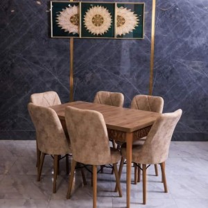 طاولة سفرة مع اطار CNC مع 6 كراسي منجد