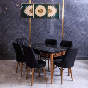طاولة سفرة مع اطار CNC مع 6 كراسي منجد