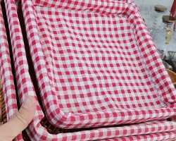 طقم صواني قش 3 قطع مربع - بيضاوي مع وجه قماش رتان احمر