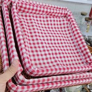 طقم صواني قش 3 قطع مربع - بيضاوي مع وجه قماش رتان احمر