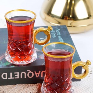 طقم كاسات شاي 12 قطعة زجاج حز هبي مع يد خاتم KX2145 GOLDEN RIM