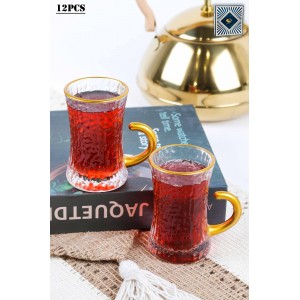 طقم كاسات شاي 12 قطعة زاج حز هبي مع يد خاتم KX2148 GOLDEN RIM
