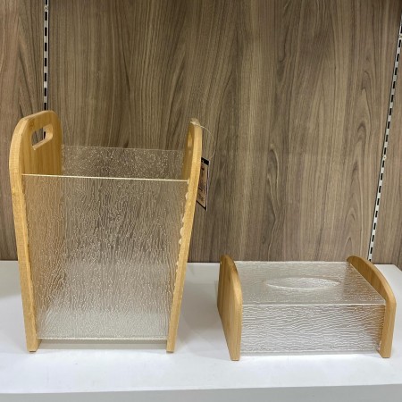 سلة مهملات مع علبة محارم اكريليك وخشب بامبو 