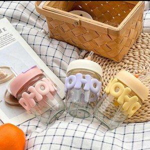 ماغ زجاج OHO  مع سنسال لولو حجم 350 مل مع قفل مطاط ومصاصة شفاف