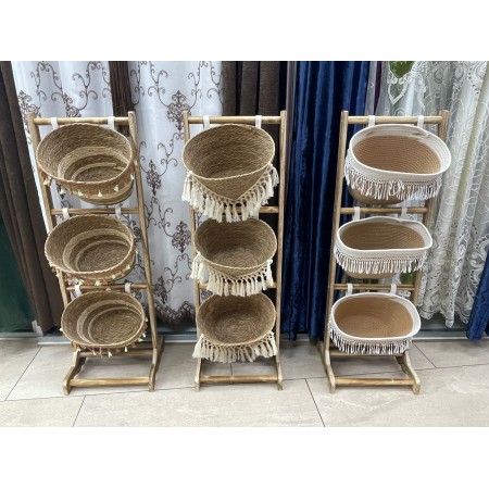 ستاند خشب للفواكه والخضار 3 رف قش سلة مع خيوط صنارة