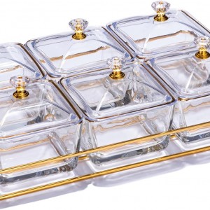 صينية تفضيل يد ذهبي و 6 صحن زجاج مغ غطاء  13 قطعة ZD13660