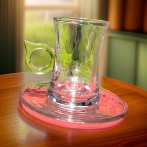 طقم 6 كاسات + 6 استكانات شاي جرة حجم صغير 115 مل مع يد عصفور شايزجاج شفاف 019