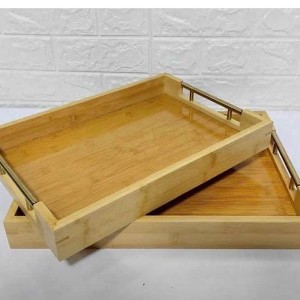 طقم صواني بامبو مع ايدي عمود ذهبية قطعتين 53-4