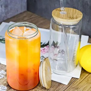 كاسة ماغ شفاف مدور غطاء بامبو خشب مع مصاصة 380 مل