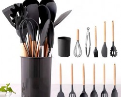 طقم مغارف سيليكون 12 قطعة مع ستاند حاملة