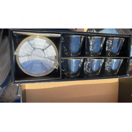 طقم فناجين مع صحون زجاج شفاف حز ذهبي يد مربع 12 قطعة 6+6 KX2166A