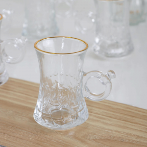 طقم كاسات شاي 12 قطعة زجاج حز هبي مع يد خاتم KX2145 GOLDEN RIM