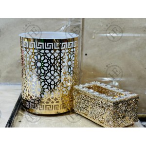 سلة مهملات مع علبة محارم معدن ذهبي مع سترص على العلبة