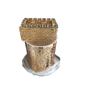 سلة مهملات مع علبة محارم معدن ذهبي مع سترص على العلبة