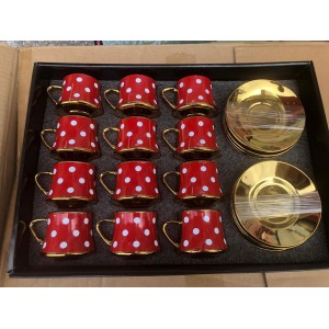 طقم فناجين قهوة / نسكافيه بورسلان احمر منقط دوائر ابيض مع يد ملون 24 قطعة 12 + 12 موديل 13-1