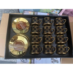 طقم فناجين قهوة / نسكافيه بورسلان اسود مزخرف خطوط مذهب مع يد ملون 24 قطعة 12 + 12 موديل 13-1