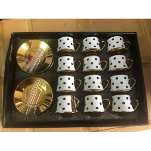 طقم فناجين قهوة / نسكافيه بورسلان ابيض منقط دوائر اسود مع يد ملون 24 قطعة 12 + 12 موديل 13-1