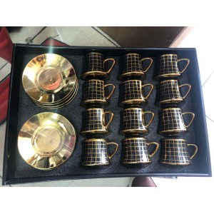 طقم فناجين قهوة / نسكافيه بورسلان اسود مزخرف كاروهات مذهب مع يد ملون 24 قطعة 12 + 12 موديل 13-1