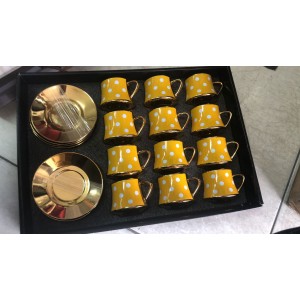 طقم فناجين قهوة / نسكافيه بورسلان اصفر منقط دوائر ابيض مع يد ملون 24 قطعة 12 + 12 موديل 13-1