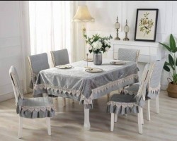 طقم وجه طاوله سفره مع غطاء 6 كراسي دانتيل