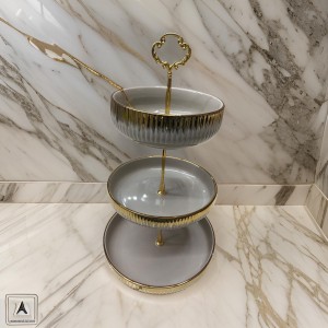 مضيفة بورسلان 3 طبقة ابيض مذهب من الاعلى مموج