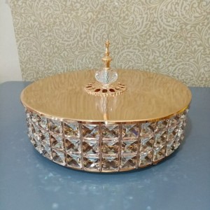 مضيفة معدن بيوتر مذهب مدور مرصع كريستال شكل مربعات مع غطا