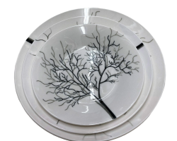 طقم صحون بورسلان ابيض مرسم اسود وردة حنا18 قطعة