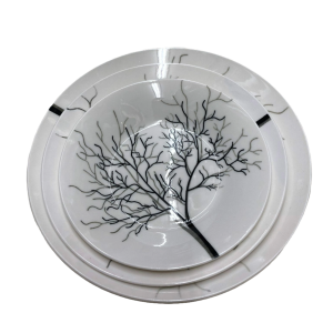 طقم صحون بورسلان ابيض مرسم اسود وردة حنا18 قطعة