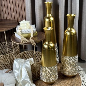 فازة معدن 85 سم شكل ذهبي بطن كبير مع زخرفة ابيض على الأسفل حجم كبير BD141-13 