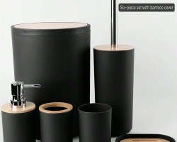 طقم حمام بلاستيك 6 قطع مع غطاء خشب بامبو اسود