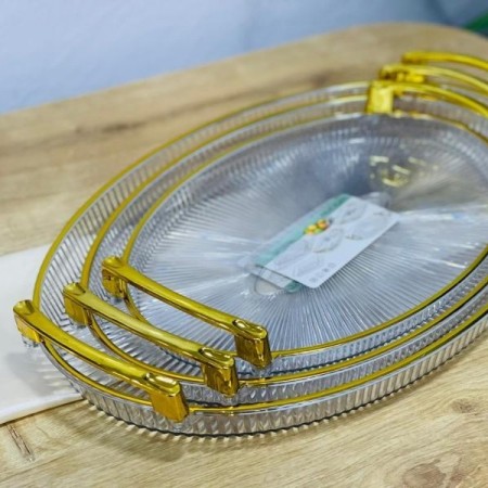 طقم صواني اكريليك ثقيل شكل بيضاوي 3 قطع محزز حيف وايدي ذهبية طقم صواني اكريليك ثقيل شكل بيضاوي 3 قطع محزز حيف وايدي ذهبية