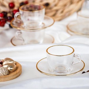 طقم فناجين قهوة / نسكافيه مع صحون شفاف مع يد اعتيادي 12 فنجان + 12 صحن حز ذهبي