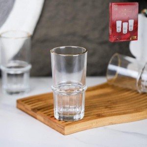 طقم كاسات عصير 12 قطعة زجاج شفاف مضلع حز نافر من الوسط حيف ذهبي 