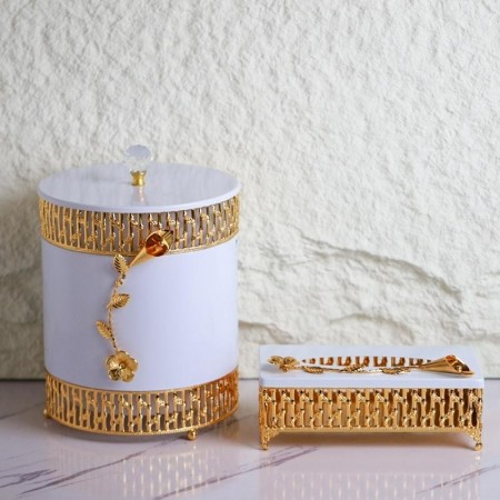 طقم سلة + بكيت محارم ميلامين ابيض مزخرف ستيل مذهب وردة نافر ذهبي و ابيض MJ1423 