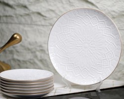 طقم صحون كيك بورسلان ابيض منقش مربعات جاط + 6 صحون حيف مذهب