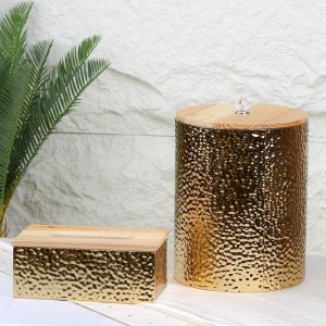 سلة مهملات ذهبي/ذهبي معدن مع غطاء خشب بيج قبة + بكيت محارم معدن