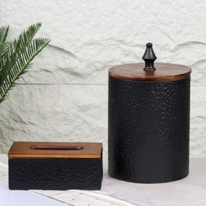 سلة مهملات اسود/ذهبي معدن مع غطاء خشب بني قبة + بكيت محارم معدن سلة مهملات اسود/ذهبي معدن مع غطاء خشب بني قبة + بكيت محارم معدن