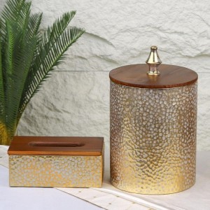سلة مهملات ذهبي/ابيض معدن مع غطاء خشب قبة + بكيت محارم معدن سلة مهملات ذهبي/ابيض معدن مع غطاء خشب قبة + بكيت محارم معدن