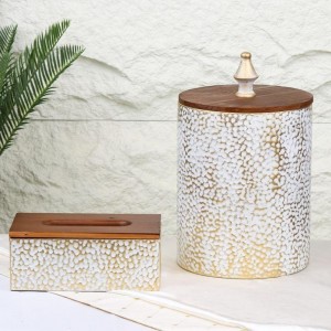 سلة مهملات سكني/ذهبي معدن مع غطاء خشب قبة + بكيت محارم معدن