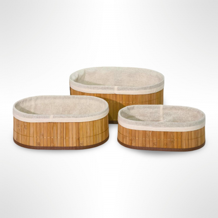 طقم سلال ديكور بيضاوي خشب بوص بامبو مع قماش 3 قطع