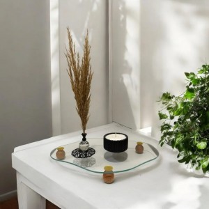 ستاند ديكور زجاج مع 3 ارجل خشب بامبو