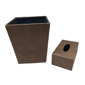 سلة مهملات مع بكيت محارم جلد مربعات صغيرة ريتان سادة زيتي غامق AC115-3