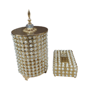 طقم سله مهملات معدن مع بكيت مرصع لولو مدور