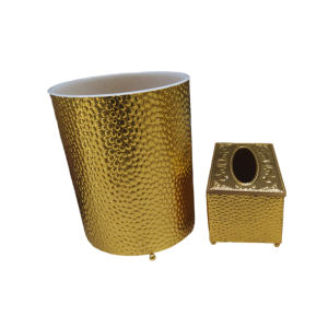 طقم سلة مهملات مع علبة محارم مذهب مبزر معدن