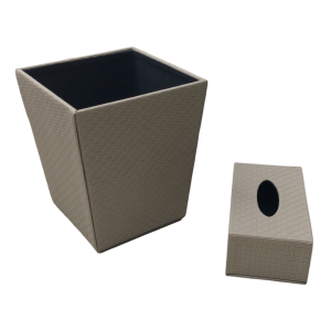 سلة مهملات مع بكيت محارم جلد مربعات صغيرة ريتان سادة بني غامق AC115-6