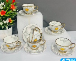 طقم فناجين قهوة مرسم وردة سكني مع استكانات 6 + 6