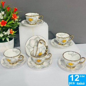 طقم فناجين قهوة مرسم وردة سكني مع استكانات 6 + 6