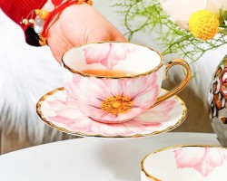 طقم فناجين قهوة مرسم وردة زهري مع استكانات 6 + 6